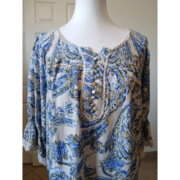 Democracy Womens Blouse Flared Sleeve Blue Paisley  Bohemian Top 1X  Peasant - Picture 8 of 16